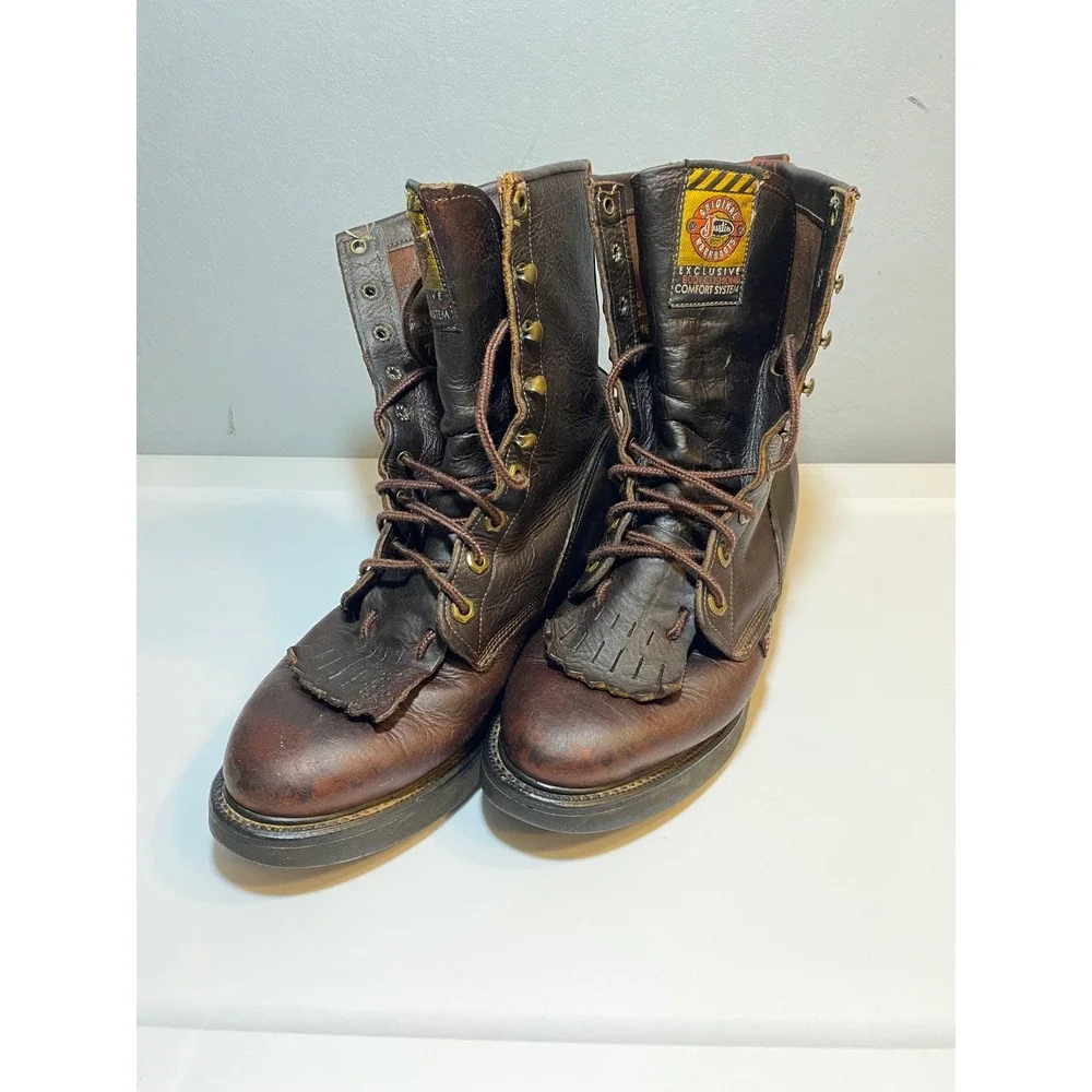 Justin Original Workboots Mens‎ 7.5 D Brown Leather Kiltie Lace Up Boots 0761